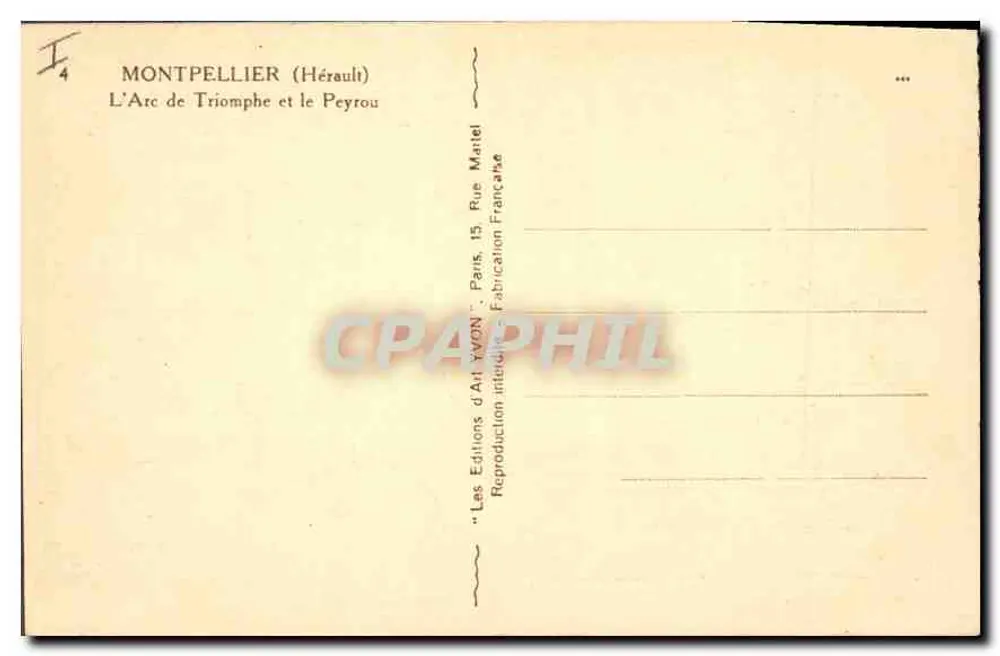 Montpellier (Hérault) — O Arco do Triunfo e o Peyrou — Éditions d'Art Yvon, Paris - Verso