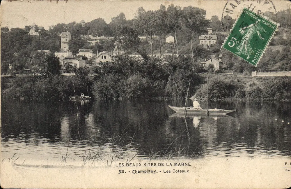 Champigny - Les Coteaux — vue sur la Marne avec deux embarcations, éditeur F. P. Paris, n° 38 - Vorderseite