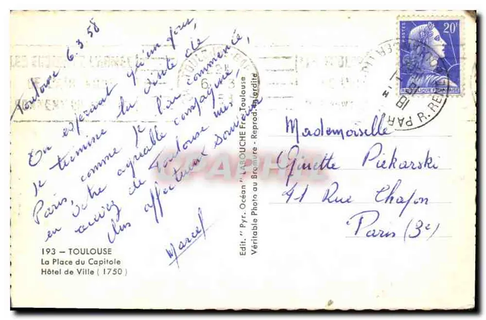 Place du Capitole — Toulouse — Edit. 'Pyr. Odon' - Wiedergegeben in Toulouse - Rückseite