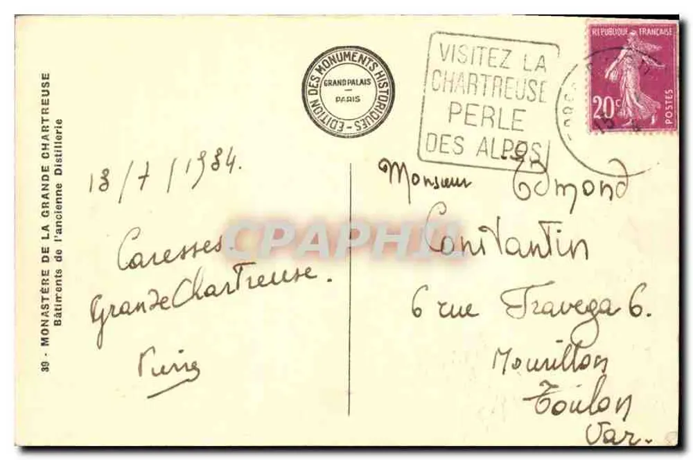 Mosteiro da Grande Chartreuse — vista geral — Edição dos Monumentos Históricos, Paris - Verso