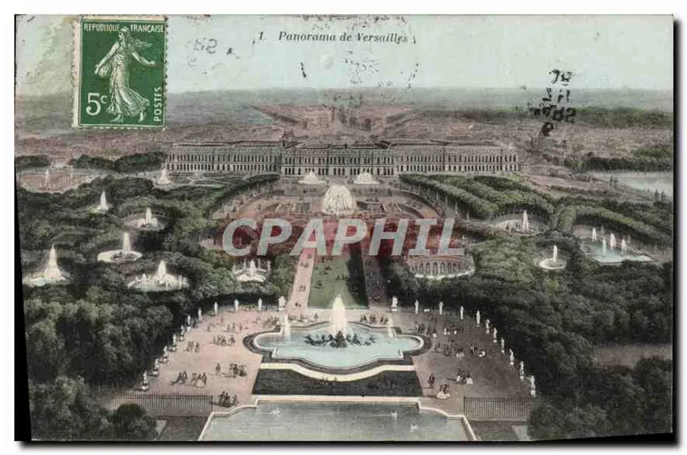 Panorama de Versailles — vista aérea dos jardins e do castelo — Hellotipia Boizardier e Faucheux, Versailles - Frente
