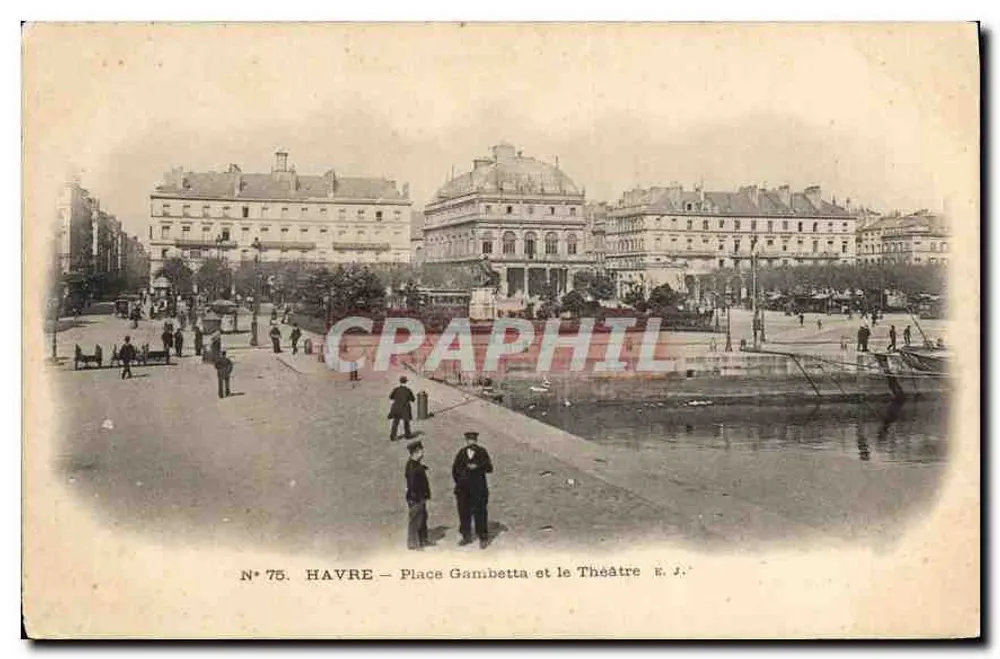 Havre — Place Gambetta und das Theater — E. J. — Nr. 75 - Vorderseite