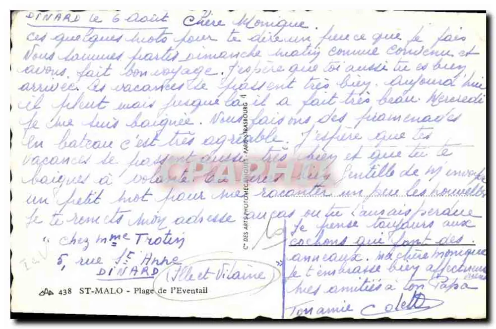 Dinard - Praia do Eventail — Forte da Ilha — Editor C.° das Artes Fotomecânicas, n° 438 - Verso