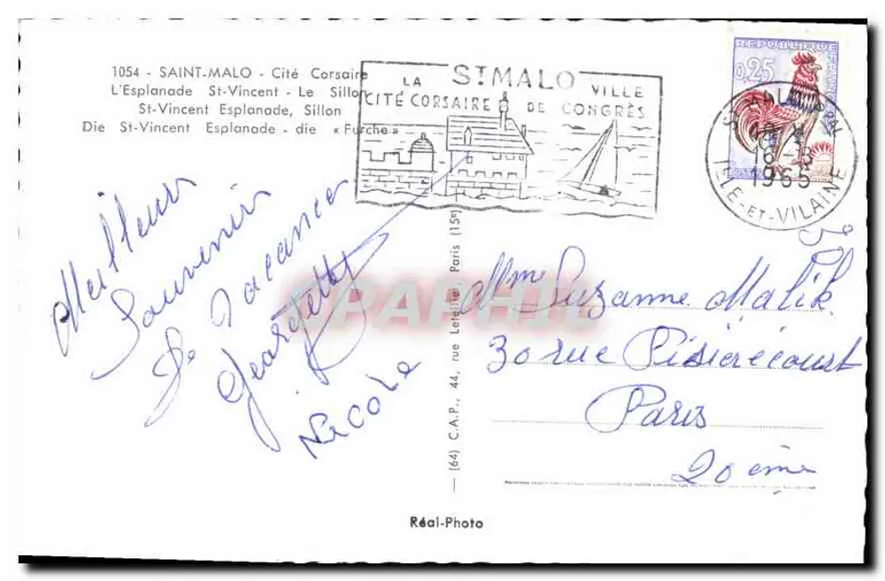 Saint-Malo — Ansicht der Corsair-Stadt und des Theaters — Real Photo - Rückseite