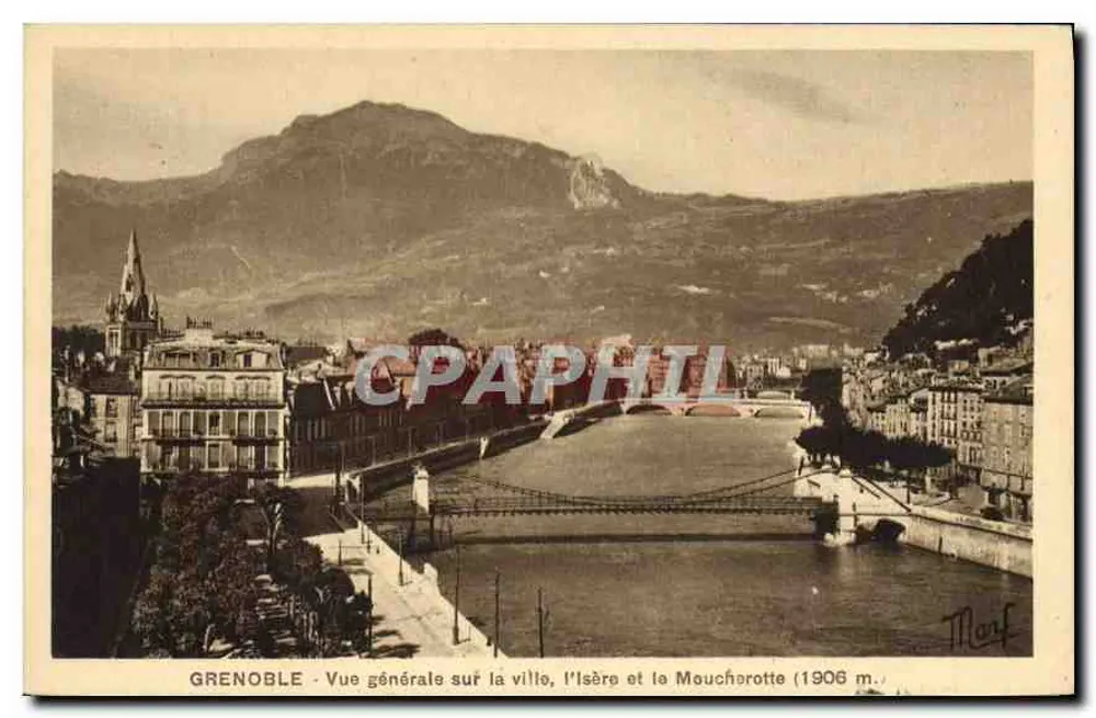 Grenoble — Allgemeiner Blick auf die Stadt, die Isère und die Mouchère (1906 m.) — Martignano Frères, Grenoble, Nr. 108 - Vorderseite