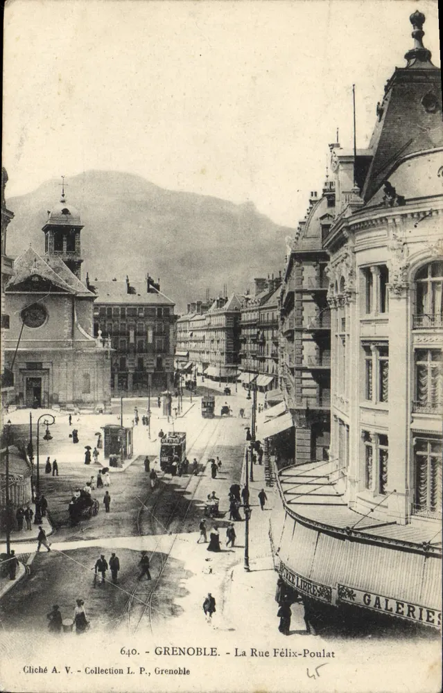 Grenoble - La Rue Félix-Poulat — städtische Ansicht mit Kirche und Galerie — Cliché A.V., Sammlung L.P., n°640 - Vorderseite