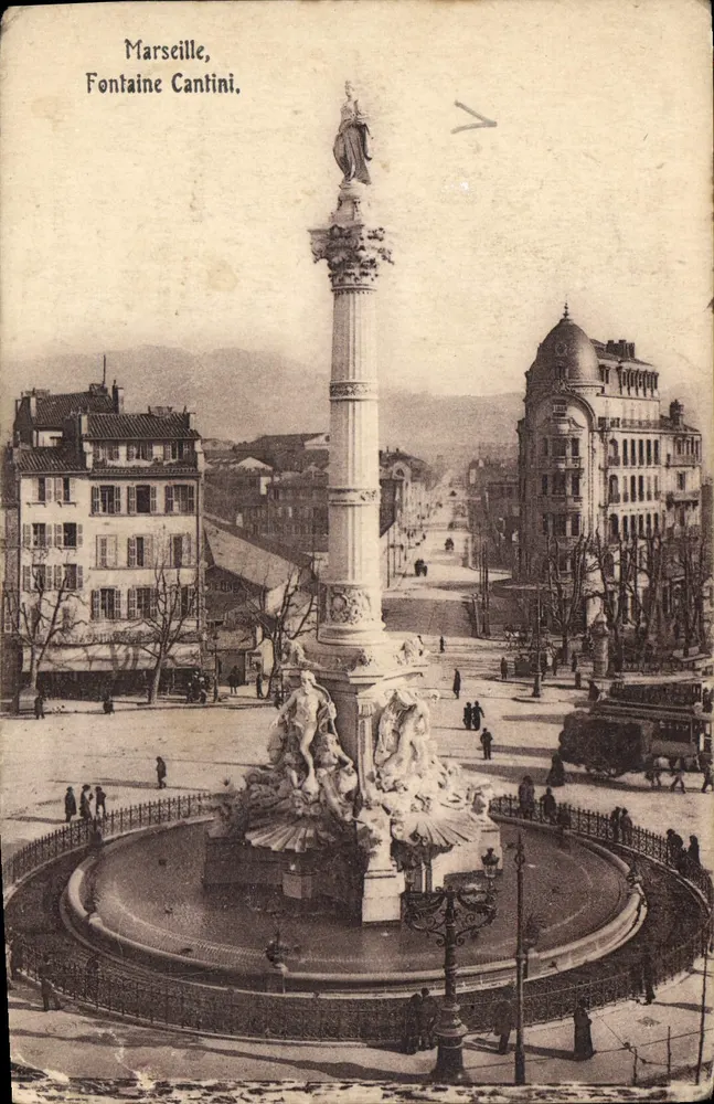Marseille, Fontaine Cantini — uitzicht op de monumentale fontein met zuil en beelden — uitgever niet zichtbaar - Voorkant