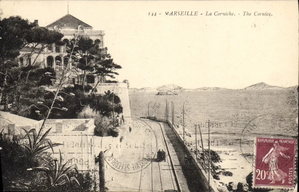 Marseille - A Corniche — vista da promenade e do edifício na colina — editor C. Chéret, n° 144 - Frente
