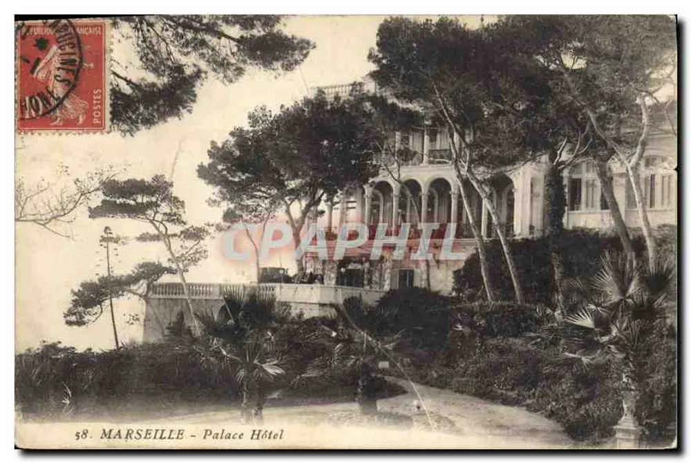 Marseille - Palace Hôtel — vue du bâtiment et du jardin, éditeur P. PUILLOU FRANCAIS - Frente