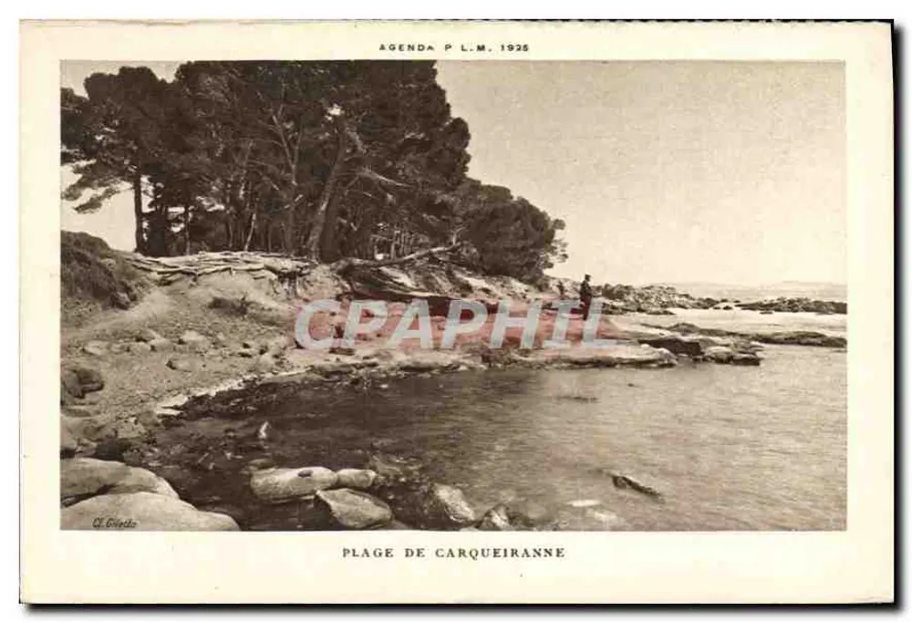 Praia de Carqueiranne — vista costeira com pinheiros — Agenda P.L.M. 1925 - Frente