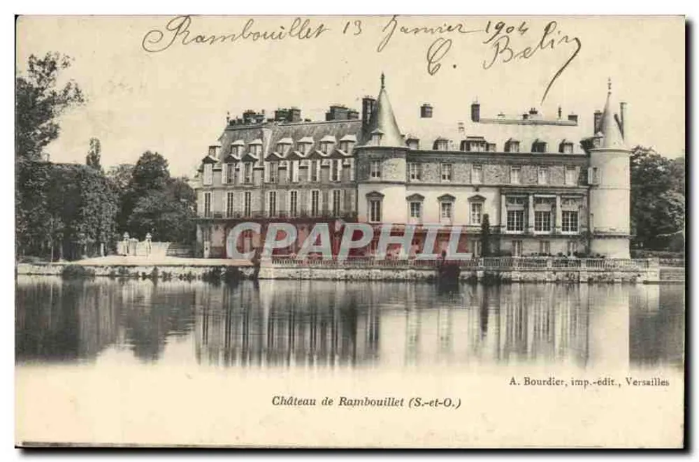 Castelo de Rambouillet — vista do castelo refletido em um lago — A. Bourdier, imp.-editora, Versailles - Frente