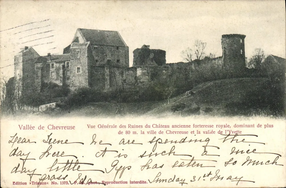 Tal der Chevreuse — Allgemeiner Blick auf die Ruinen der alten königlichen Festungsburg, die mehr als 80 m über die Stadt Chevreuse und das Tal der Yvette ragt — Trimon-Ausgabe Nr. 1373 - Vorderseite