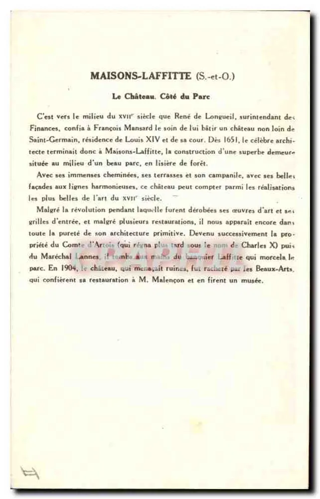 MAISONS-LAFFITTE (S.-&-O.) — O Castelo do Lado do Parque — Série 4e, editor Solution Pautaube - Verso