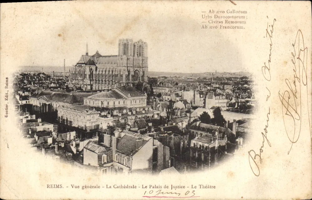 Reims — Allgemeiner Blick — Die Kathedrale — Das Gerichtsgebäude — Das Theater — Gontier, Verlag, Reims - Vorderseite