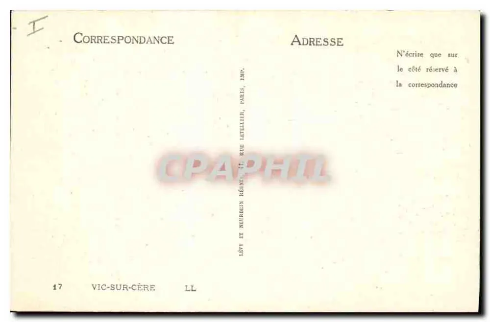 Vic-sur-Cère — vista panorâmica do vilarejo e das montanhas ao redor — editor Lévy e Neurden, Paris - Verso