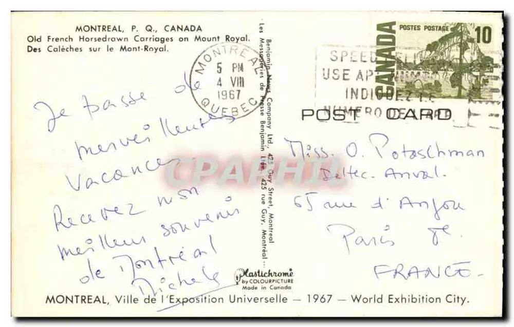 Montreal, P.Q., Kanada — Alte französische Kutschen auf Mount Royal — Les Messageries de Presse Bengtson Ltd. - Rückseite