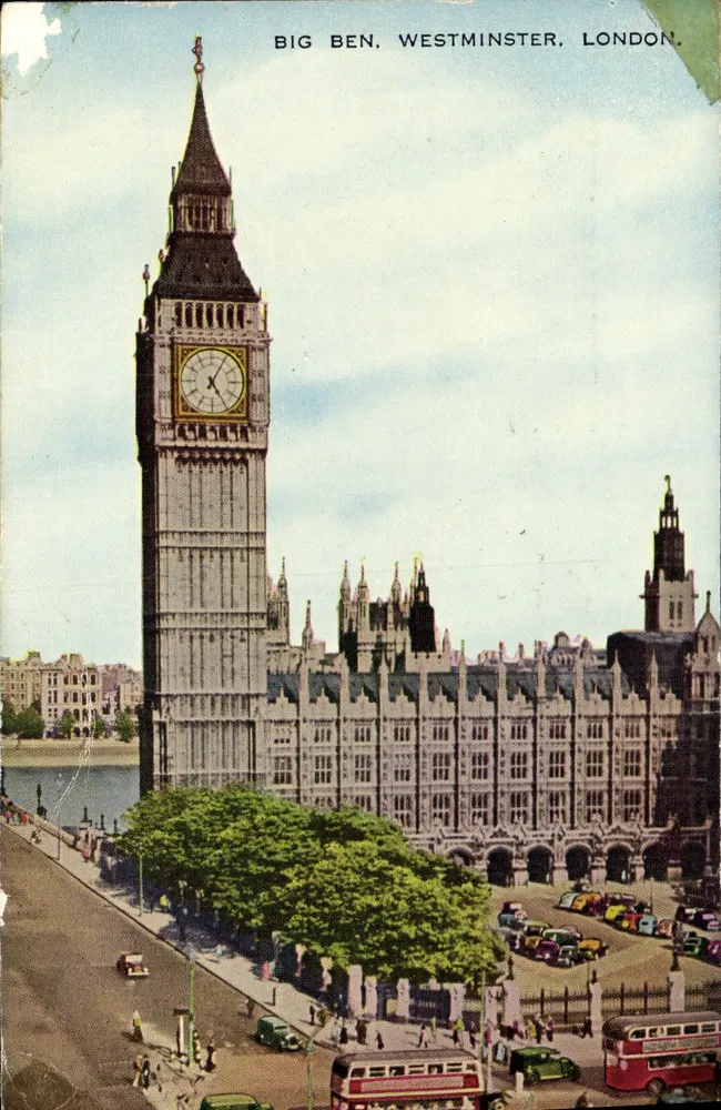 Big Ben, Westminster, Londen — uitzicht op de klokkenstoel en het Parlement — uitgever Valentine's Postcard Ltd. - Voorkant