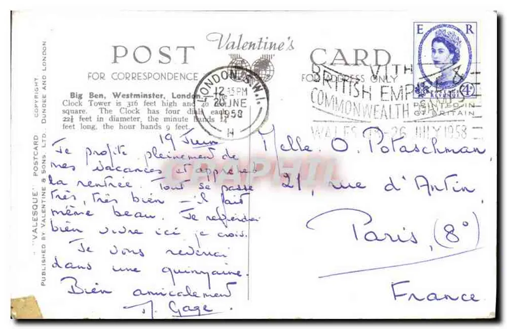 Big Ben, Westminster, Londen — uitzicht op de klokkenstoel en het Parlement — uitgever Valentine's Postcard Ltd. - Achterkant