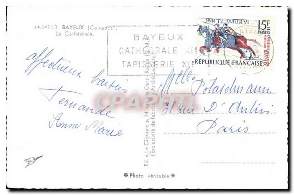 La Cogogne — vista da catedral vista por uma ponte de pedra — Ed. « La Cogogne » 74, rue des Ours, Bayeux - Verso