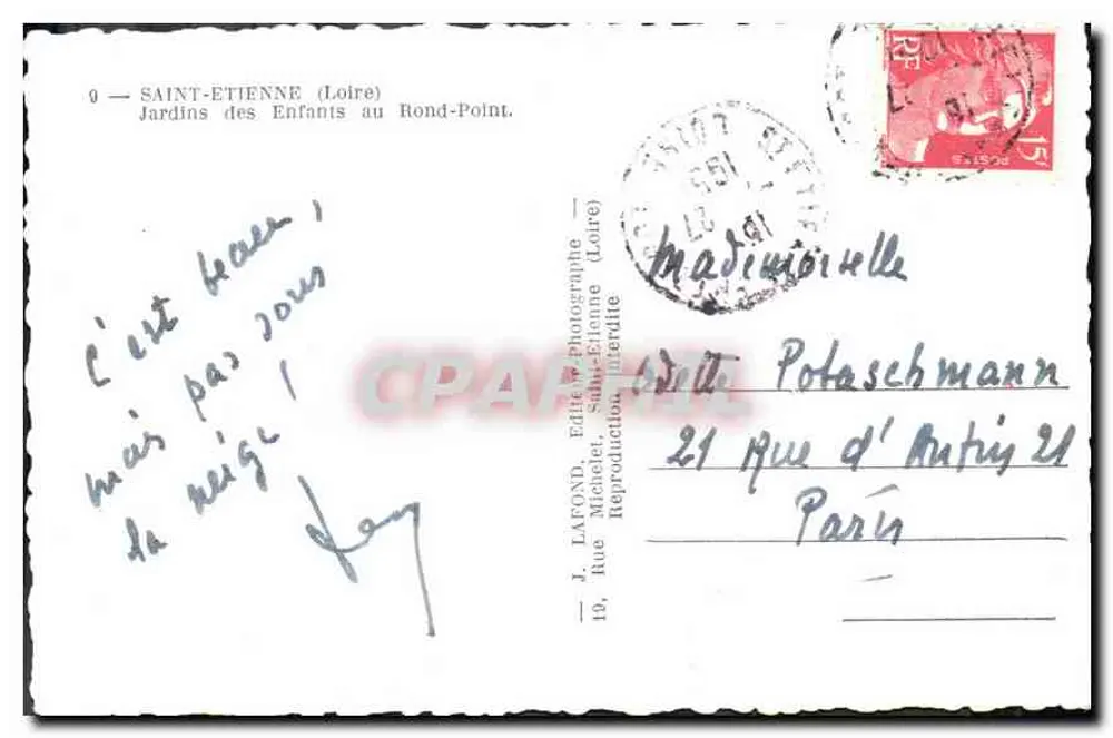 Kinder-Gärten am Rond-Point — Saint-Étienne (Loire) — J. Lafond, Fotograf - Rückseite