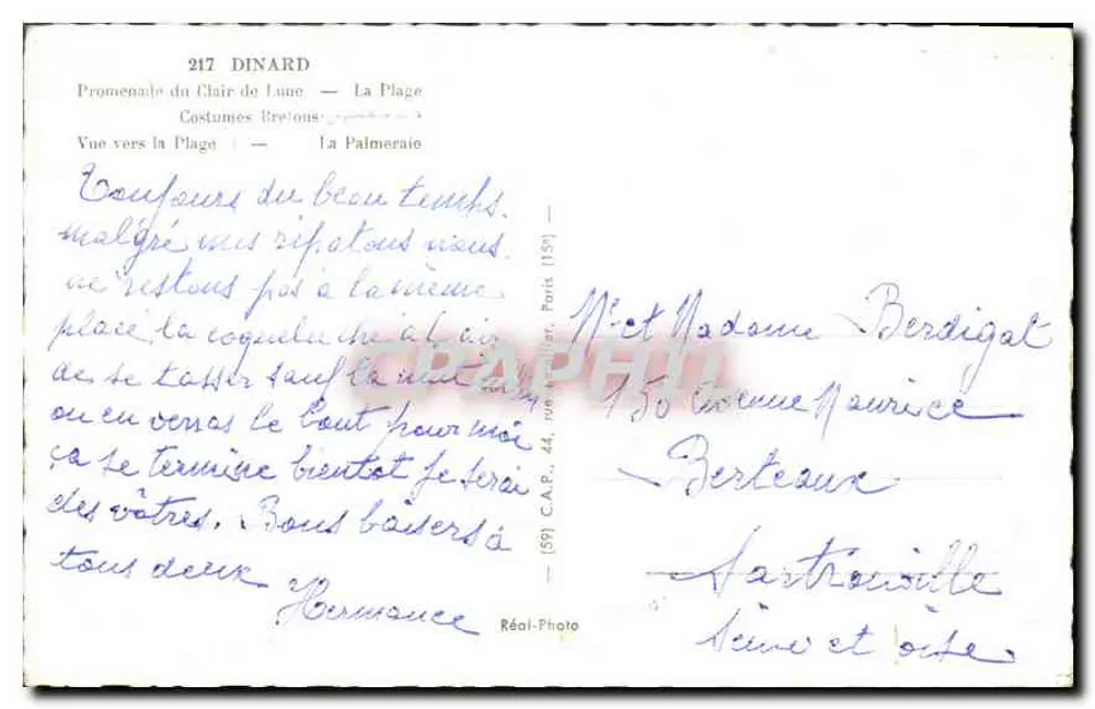 Dinard — Passeio da Lua Branca, A Praia, Trajes Bretões, A Palmeraie — Réal-Photo, n° 217 - Verso