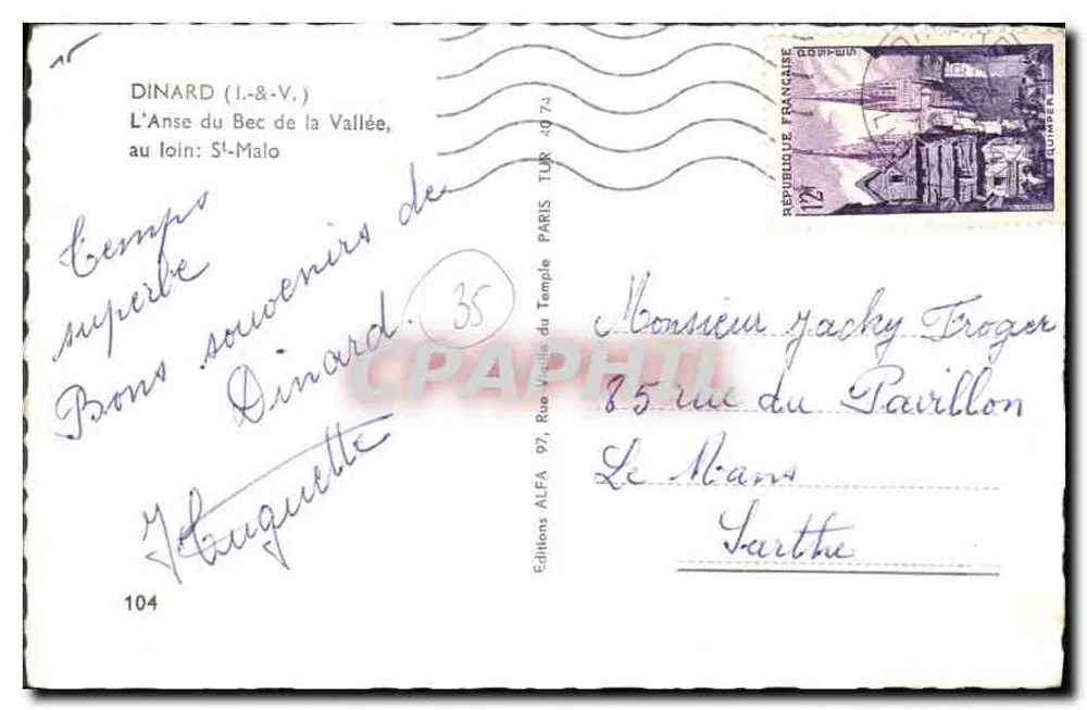 Dinard (I.-&-V.) — Ansicht von L'Anse du Bec de la Vallée, mit St-Malo im Hintergrund — Éditions ALFA - Rückseite
