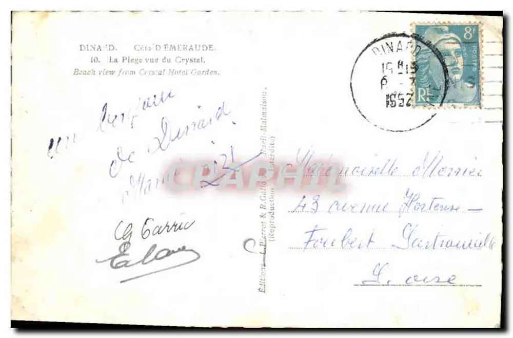 Ansicht der Strandpromenade Dinard — vom Garten des Crystal Hotels — Verlag Dinaud, Nr. 10 - Rückseite