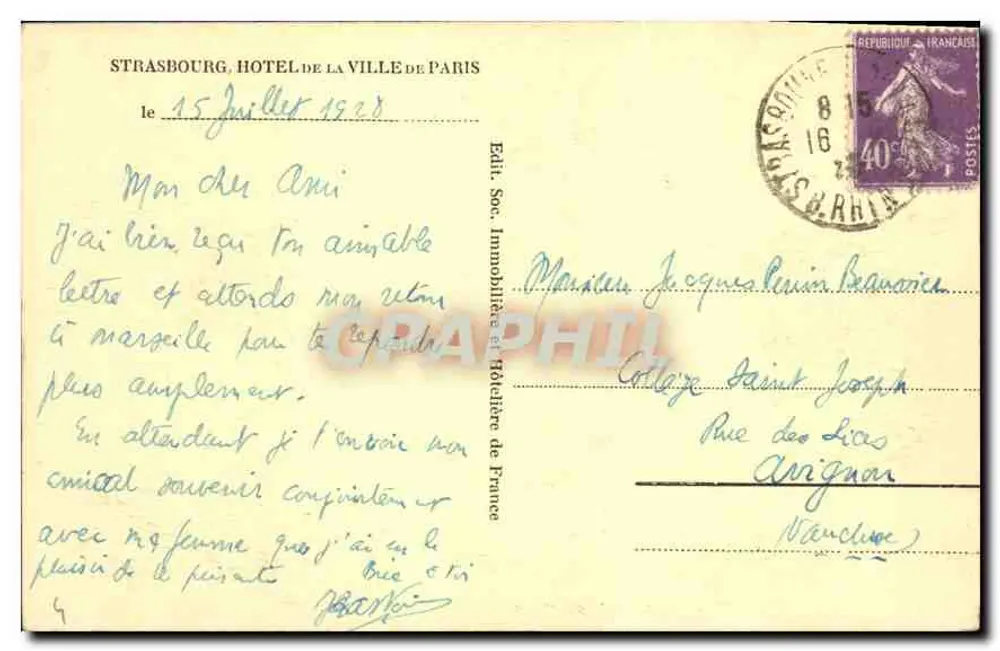 Estrasburgo - Nos Pontes Cobertas — Editora: Edit. Soc. Imobiliária e Hoteleira da França, n° 88 - Verso