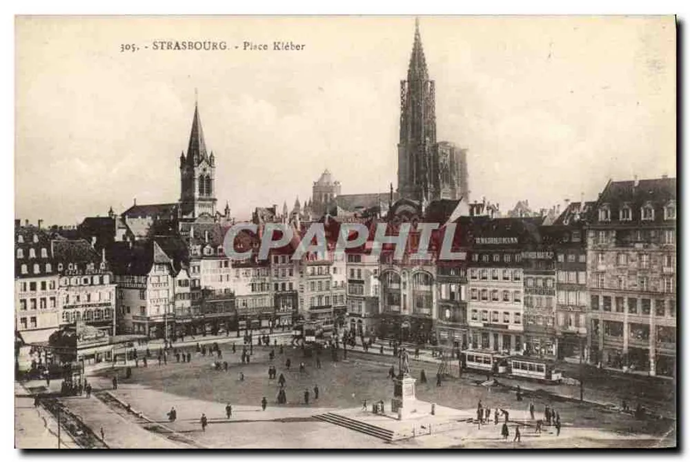 Estrasburgo - Praça Kléber — vista panorâmica com a catedral e o monumento central — editor CH. Bergbret, n° 305 - Frente
