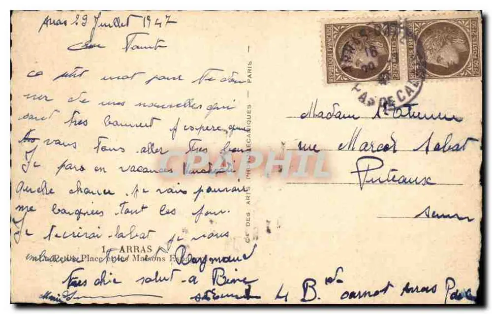 Place du Marché — Hôtel de Ville d'Arras — Éditeur : Cie des Arts Mécaniques — n° 1 - Verso