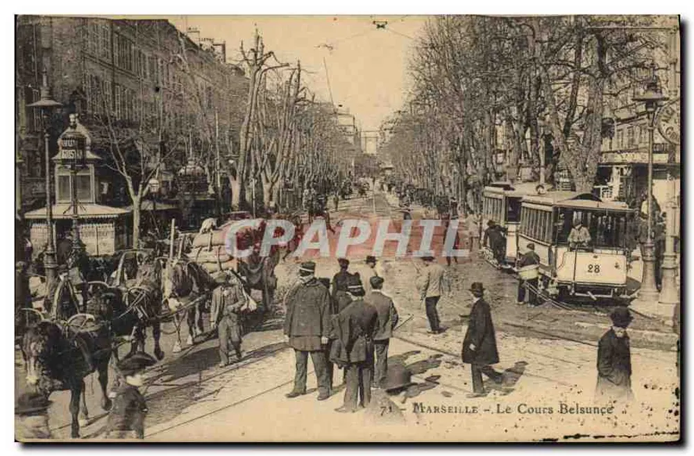 Marseille - Le Cours Belsunce — vue de la rue avec tramway n°28 et char à bœufs, éditeur CUSTIN, n°71 - Frente