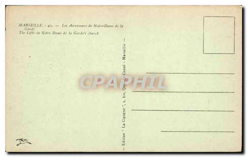 Les Ascenseurs de Notre-Dame de la Garde — Marseille — Édition 'La Cigogne', 9, bis, Quai du Canal - Verso