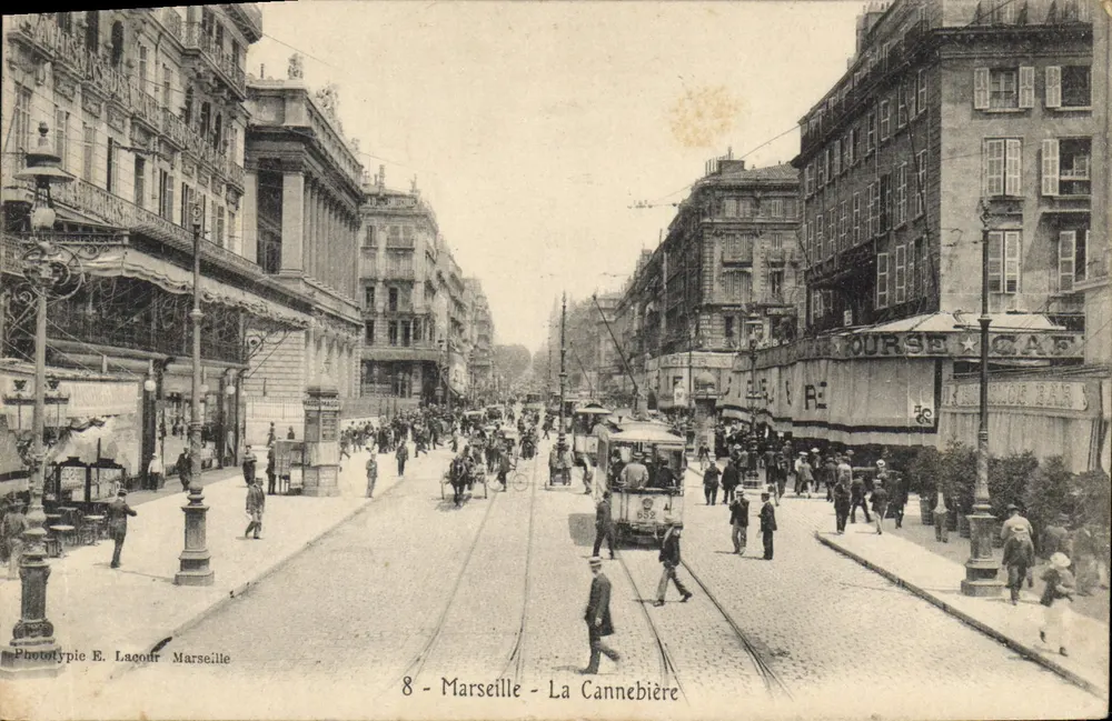 Marseille - La Cannebière — widok ulicy z tramwajem — fototypia E. Lacontr, nr 8 - Awers