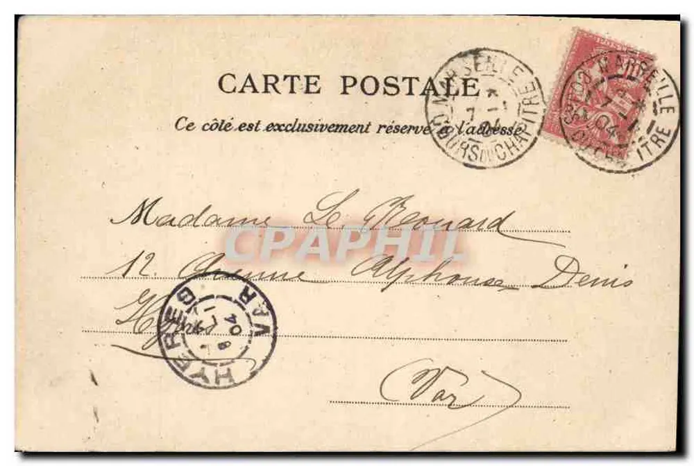 Marselha - Praça Estrangin — Fonte monumental cercada por árvores — editor L.P. n°92 - Verso