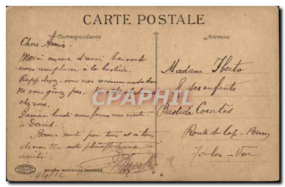 Marseille — La Place Castellane et Fontaine Cantini — Édition Nouvelles Galeries n°21 - Verso