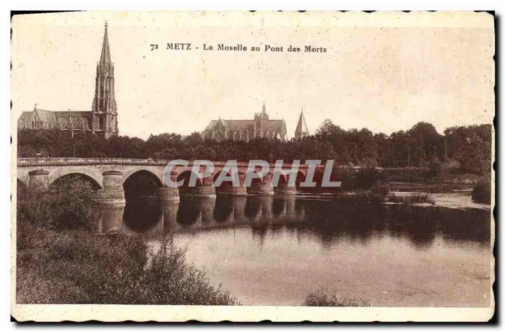 Metz - Die Mosel am Pont des Morts — Ansicht mit Kirche und Brücke — Verlag Ch. Fischer, Nr. 72 - Vorderseite