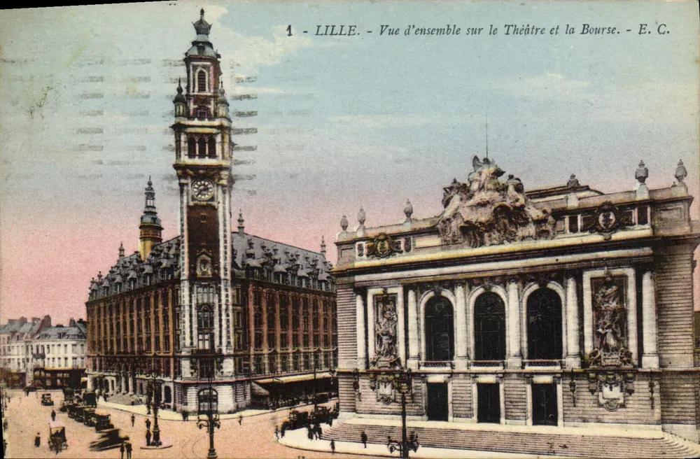 Lille - Vue d'ensemble sur le Théâtre et la Bourse - E. C. - Recto