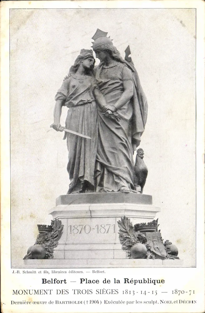 Belfort — Praça da República — Monumento dos Três Assedios — J.-B. Schmitt e filhos, livraria editora — Belfort - Frente
