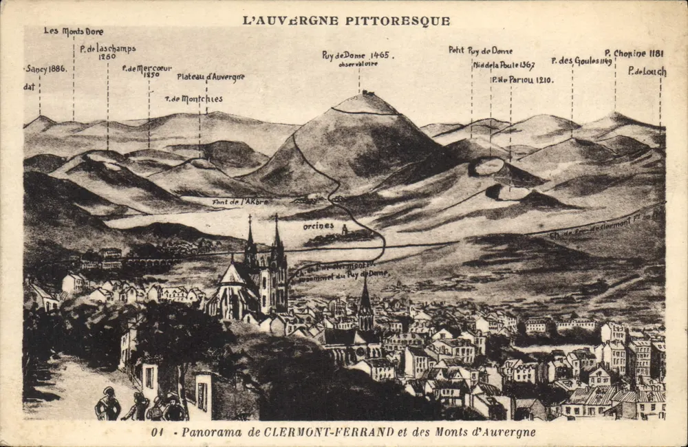 Panorama de CLERMONT-FERRAND et des Monts d'Auvergne — L'Auvergne pittoresque — Éd. de la Cigogne, Vichy - Recto