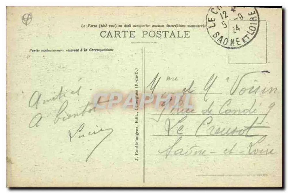 Clermont-Ferrand — Vista geral — J. Gouttefangeas, Editor, n°1108 - Verso