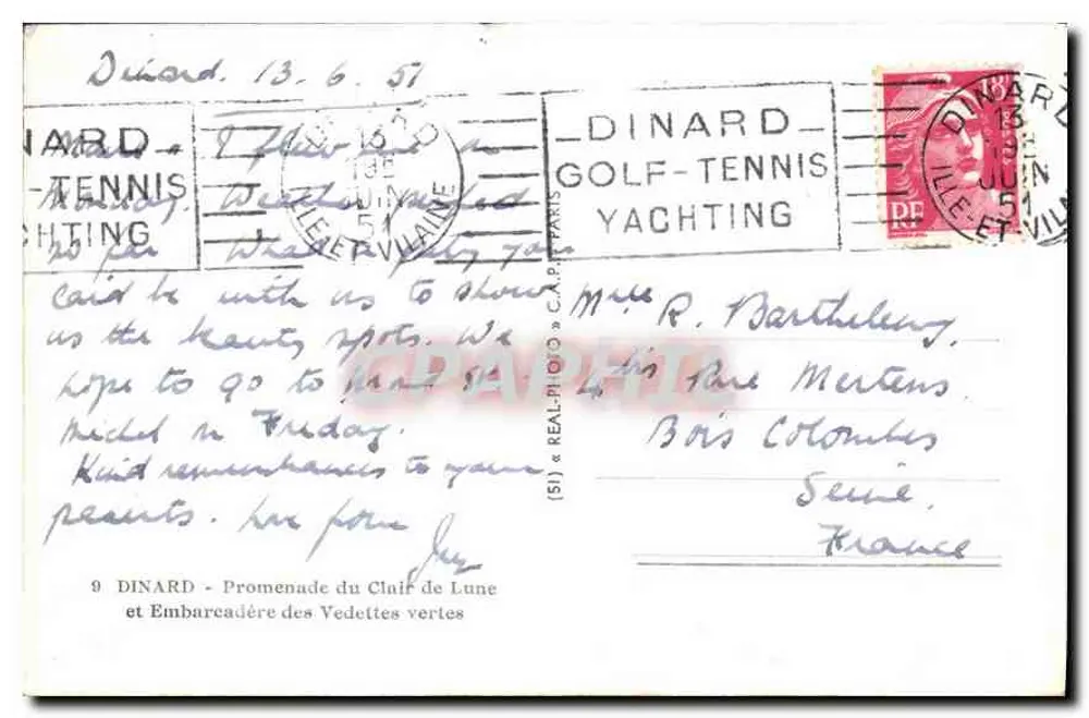 Dinard - Promenade du Clair de Lune et Embarrcadère des Vedettes vertes — éditeur C.P. PARIS, n°9 - Verso