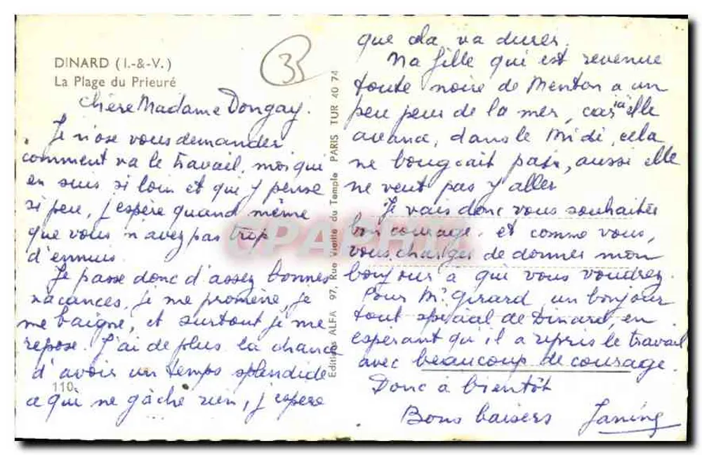 Praia do Prieuré — Dinard (Ille-et-Vilaine) — Editor ALFA, n° 110 - Verso