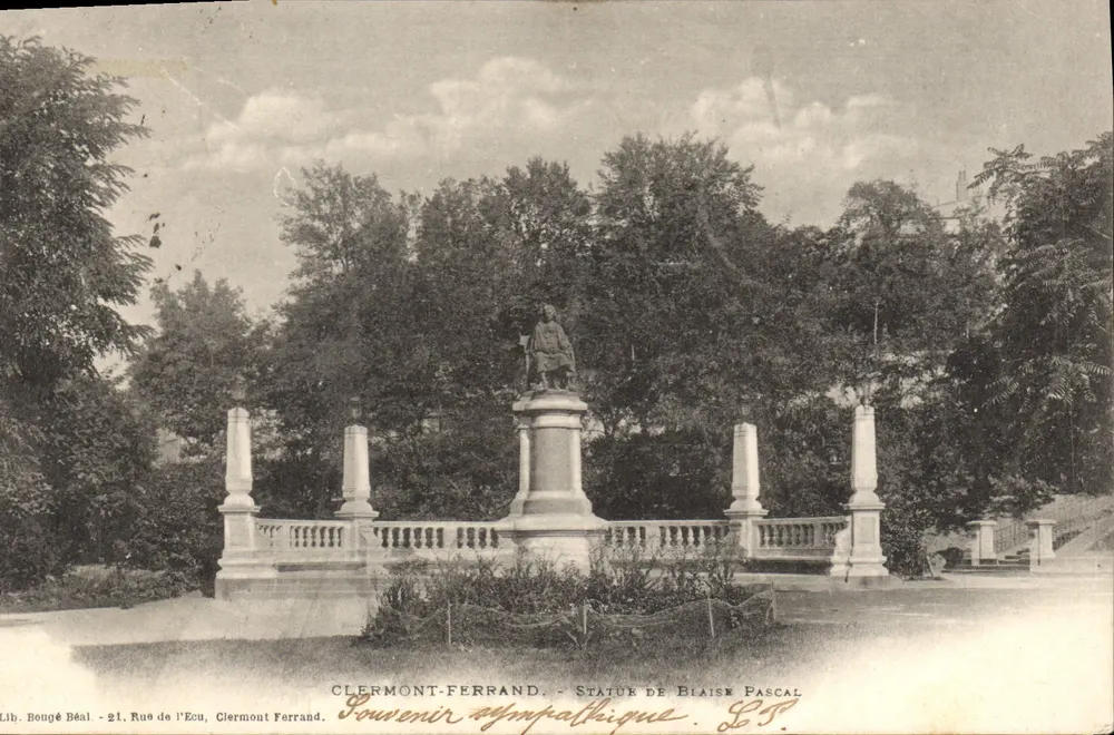 Clermont-Ferrand — Estátua de Blaise Pascal — Lib. Bougé Béal, 21 Rue de l’Ecu - Frente