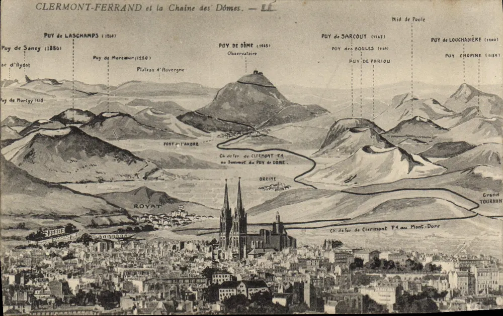 Clermont-Ferrand e a Cadeia dos Dômes — Vista panorâmica com os picos e o observatório - Frente