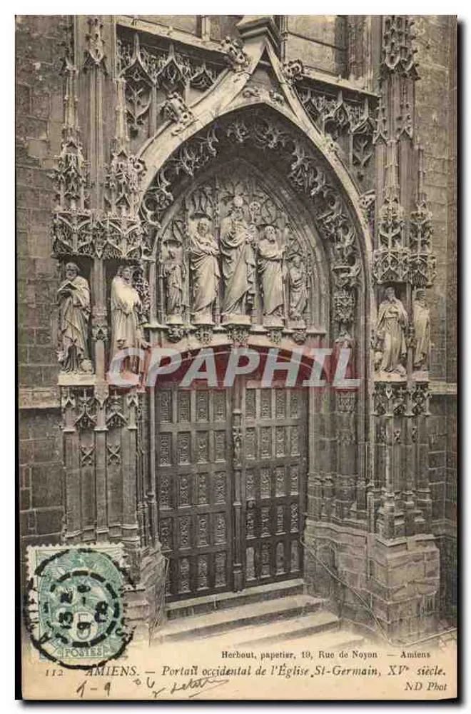 Amiens — Portail occidental de l'Église Saint-Germain — Herbout, papetier, 19, Rue de Noyon - Recto