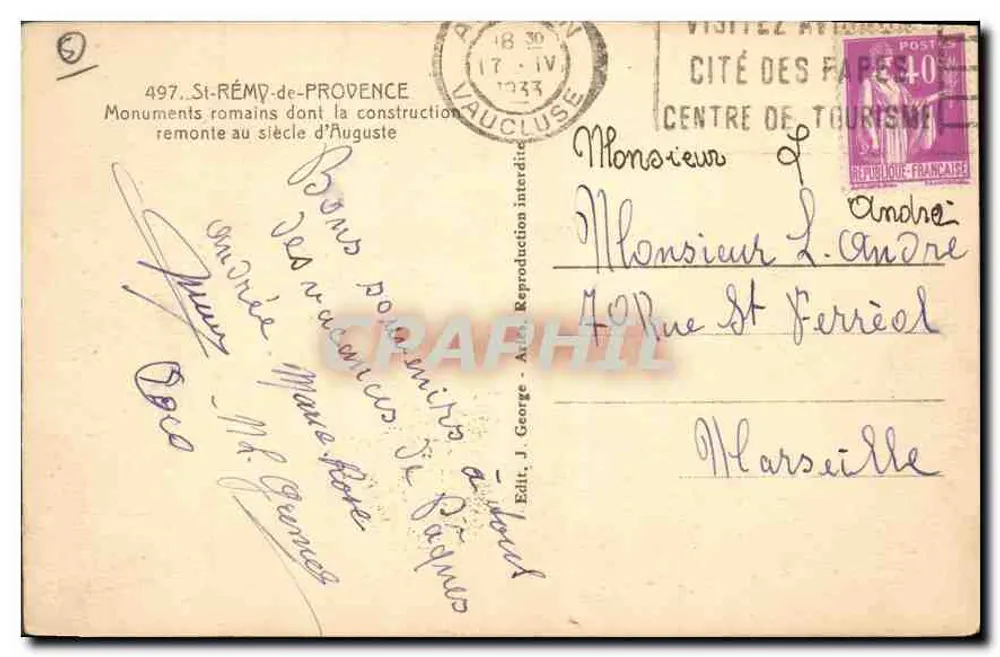 St-Rémy-de-Provence — Römische Denkmäler — Edit. J. George, n°497 - Rückseite
