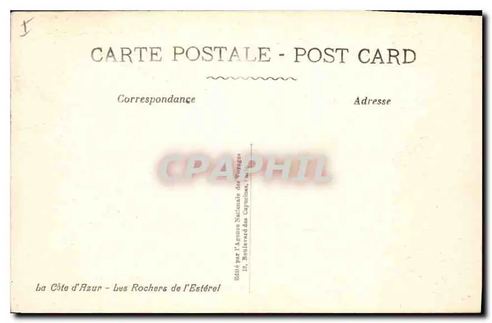 La Côte d'Azur — Les Rochers de l'Estérel — Éditée par l'Agence Nationale des Voyages - Verso
