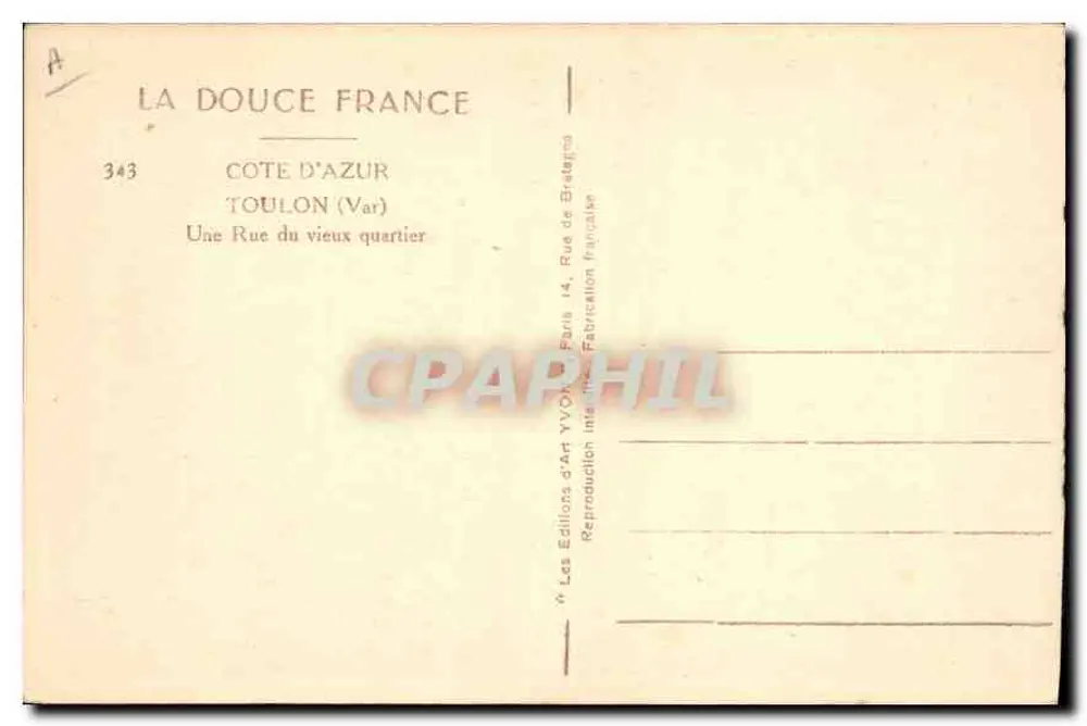 Toulon — Rue du vieux quartier — Les Éditions d'Art Yvon, Paris - Verso