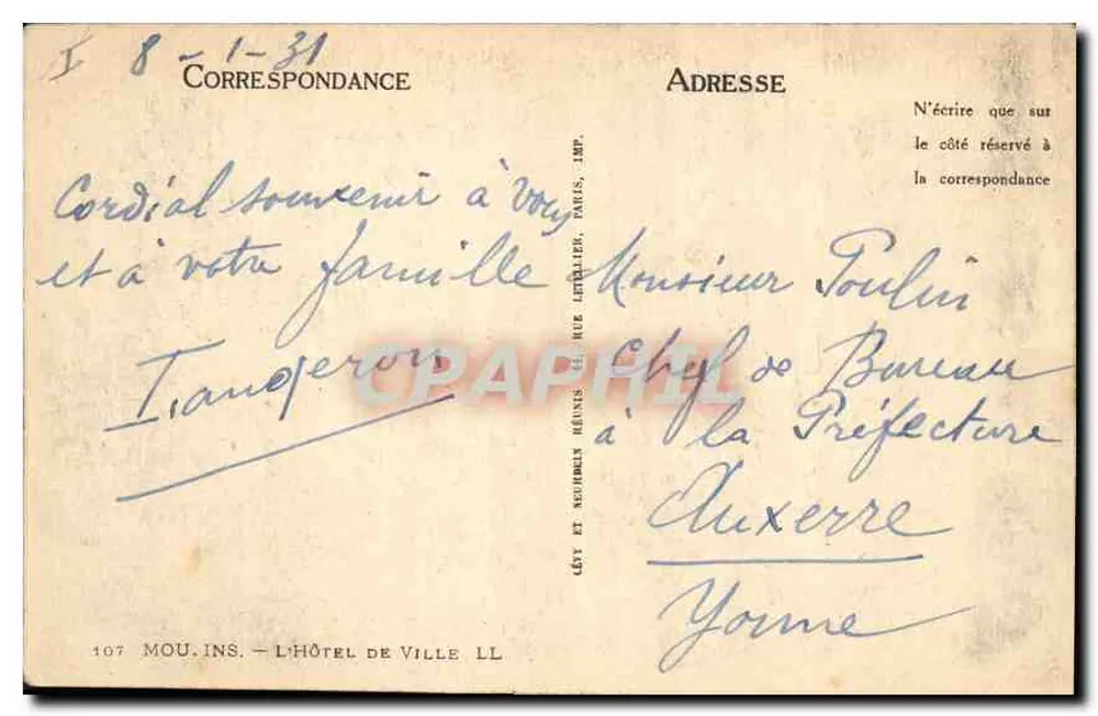 Hôtel de Ville — Auxerre — Lévy et Seurrel, Imp. 107 - Verso