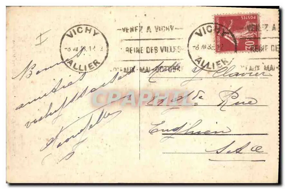 Vichy — Fachada de la Iglesia N.-D. de los Enfermos — Editor Vichy, n° 233 - Reverso